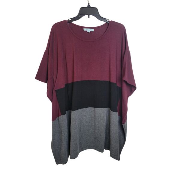 She + Sky Short Sleeve Top Red Colorblock Crew Neck Oversized Women's One Size - Picture 1 of 8